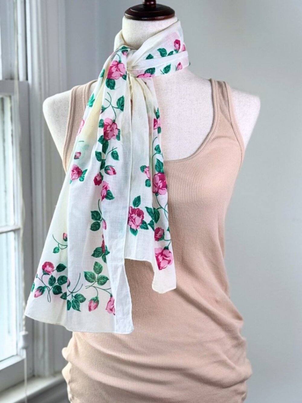 Vintage Rose Print Floral Neck Scarf Eva M Cottagecore Grandma Coquette FLAW